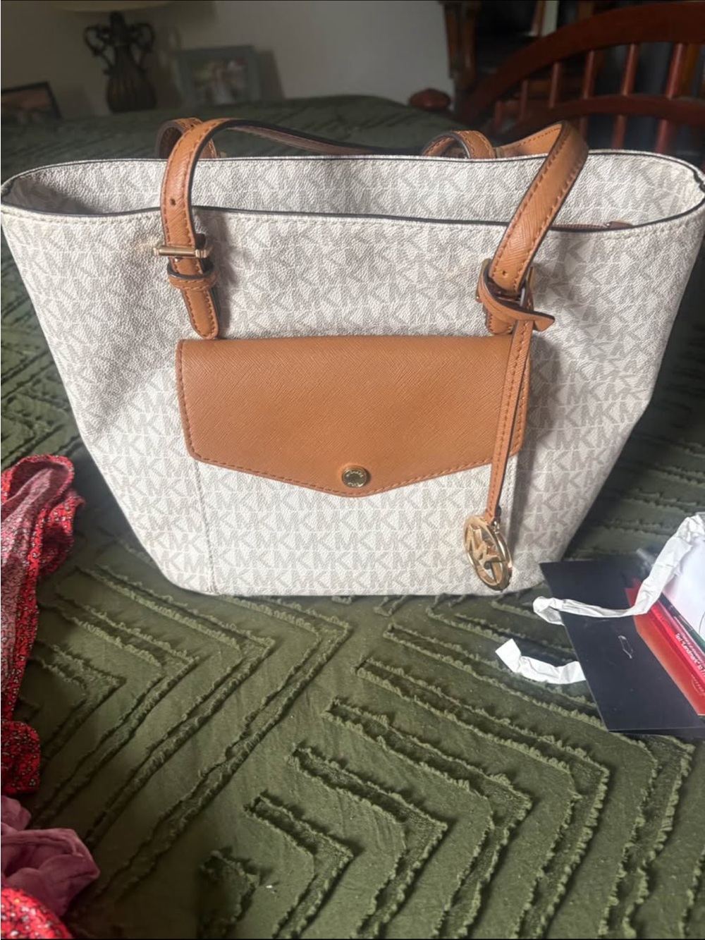 Michael Kors Cream Signature MK Canvas Tote with Brown Trim